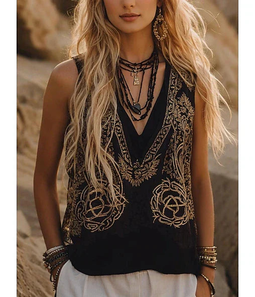 Dames cami-top – Tanktop met grafische print, luipaardmotief, bohemien stijl, dagelijks, etnisch, mouwloos, V-hals, reguliere pasvorm, zwart, lente en zomer