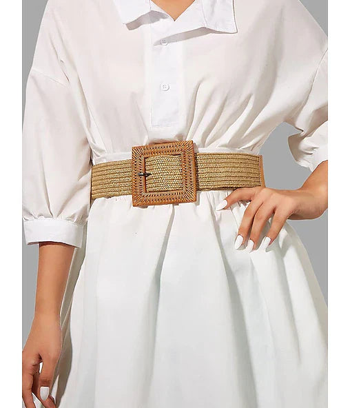 Dames geweven stroriem met oversized vierkante gesp – Boho-chique stijl, verstelbare pasvorm voor casual of strandoutfits, perfect voor lente- en zomerkleding